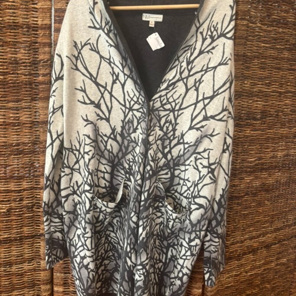 Neiman Marcus Tree Branch Print Open Front Cardigan Sweater Gray/Black Size L